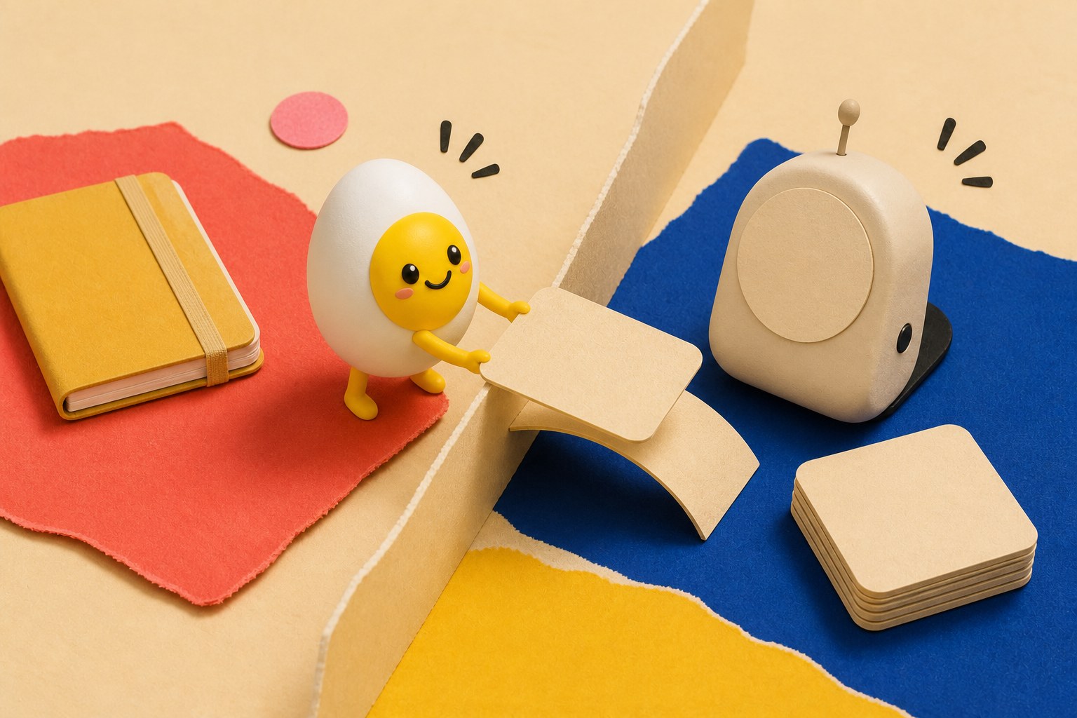 The CBT Cards mascot passes one blank public practice card to a neutral assistant device while a closed personal notebook stays separate.