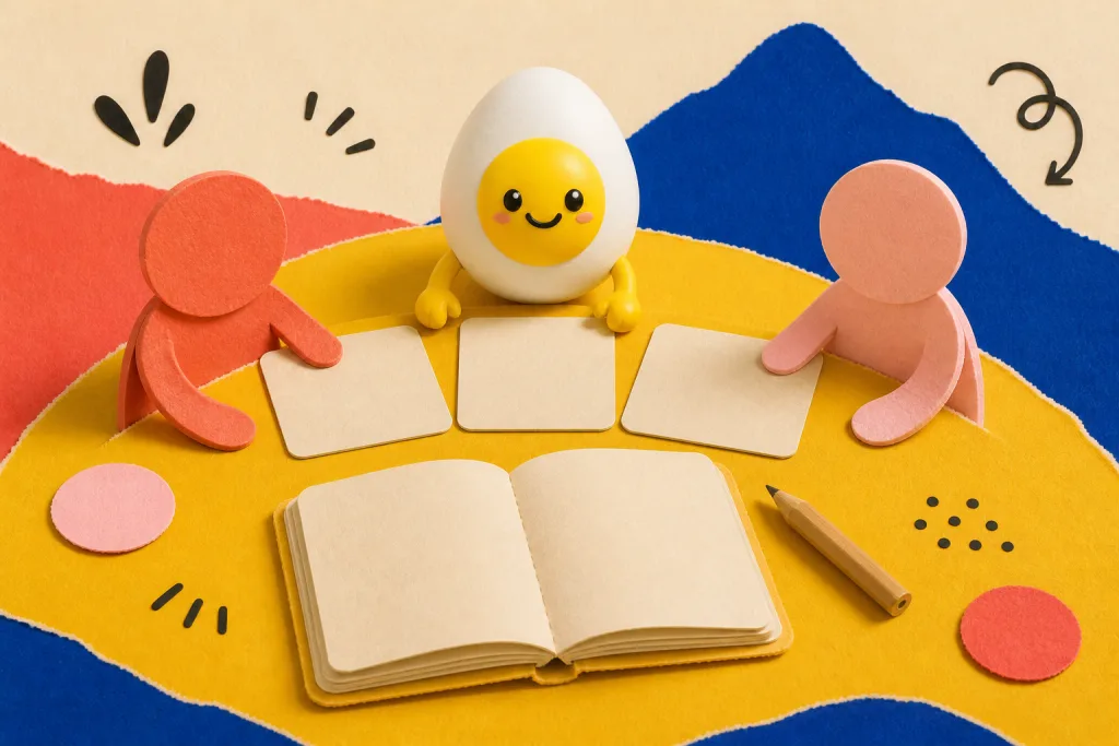 The CBT Cards mascot and two abstract paper figures align blank cards around an open notebook.