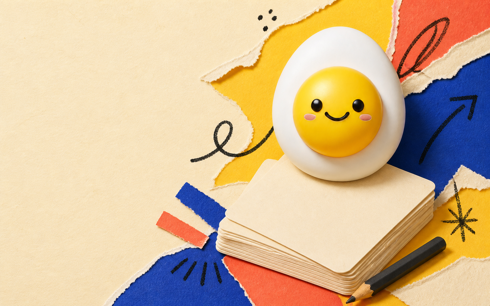 CBT Cards mascot in a vivid paper collage with blank reflection cards and a pencil