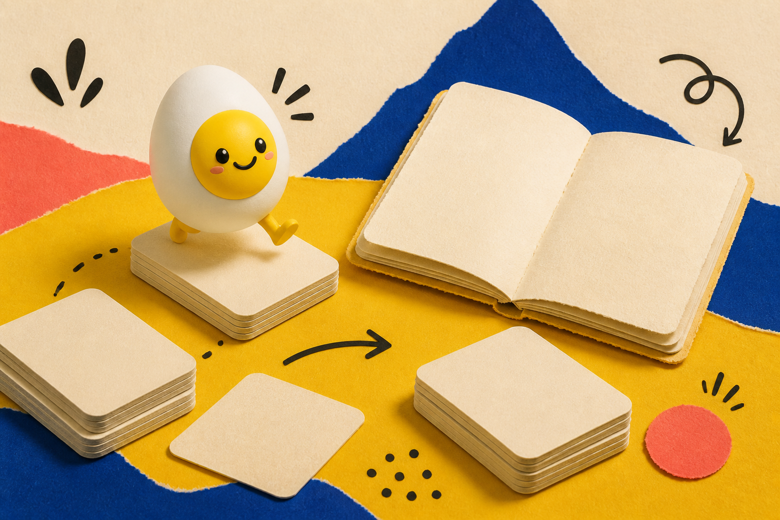 CBT Cards mascot moving between blank cards and an open notebook in a bright paper collage