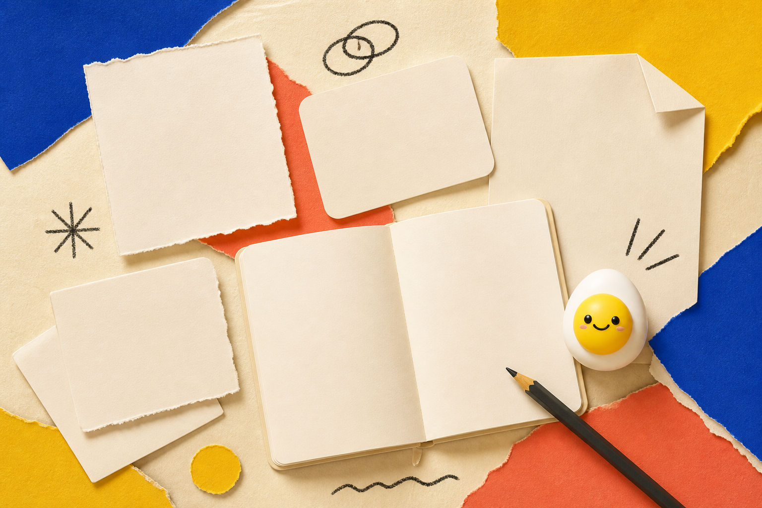 Blank reflection cards, an open notebook, a pencil, and the CBT Cards mascot in a colorful paper collage