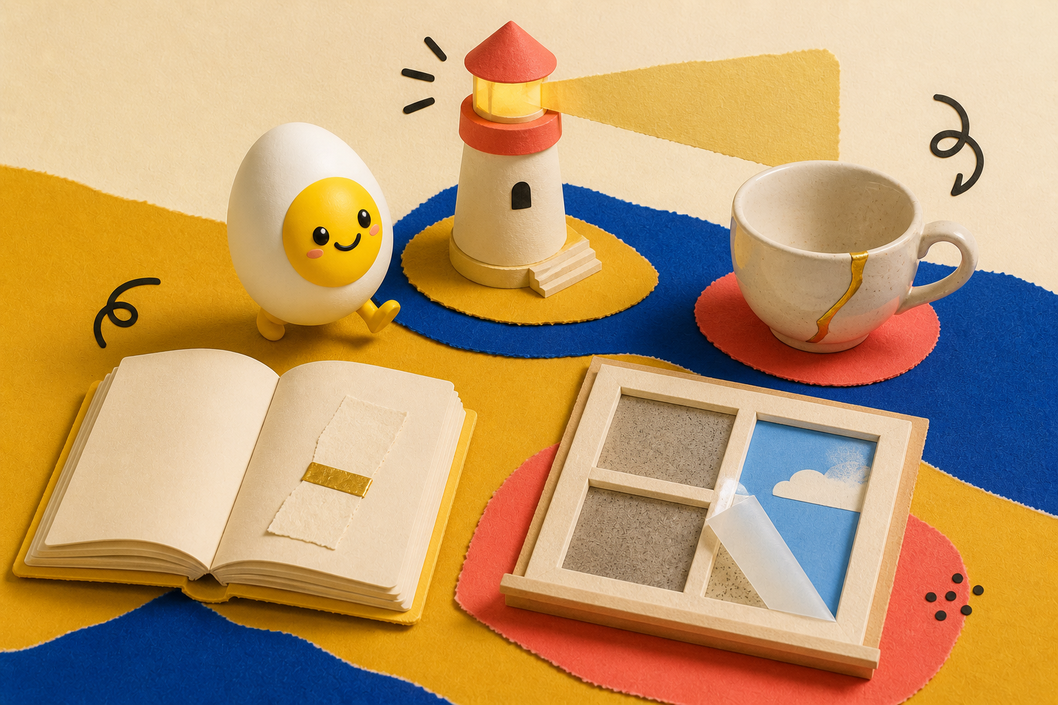 The CBT Cards mascot explores a paper lighthouse, repaired cup, mended book, and partly cleared window.