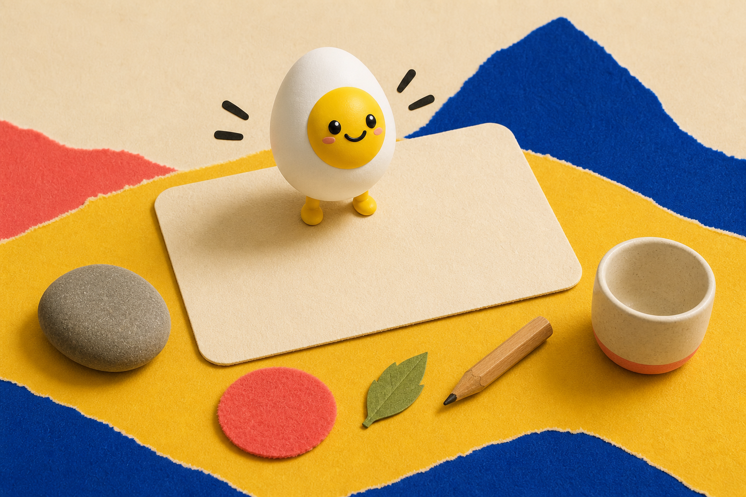 The CBT Cards mascot sits among a stone, felt circle, paper leaf, pencil, and ceramic cup.