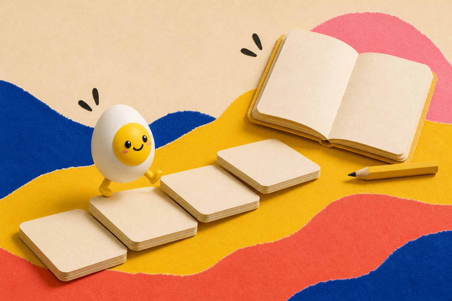 The CBT Cards mascot climbs four small paper-card steps toward an open notebook.