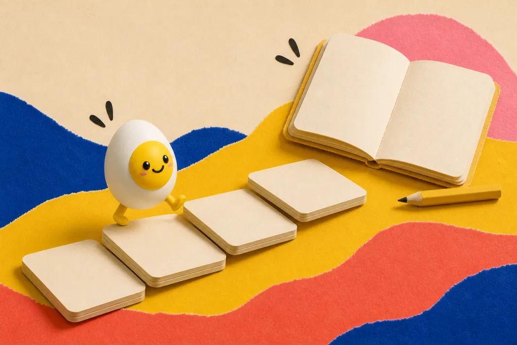 The CBT Cards mascot takes the first of several small paper steps toward an open notebook.