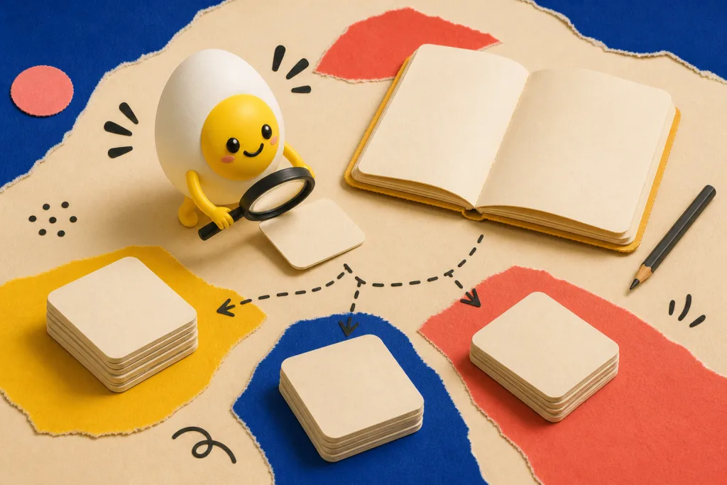 The CBT Cards mascot compares a blank prediction card with observable evidence.