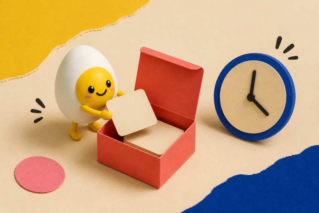 The CBT Cards mascot places a worry card in a box beside a clock for later review.